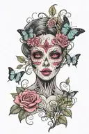 a women ghost face with pink roses and butterflies tattoo design idea