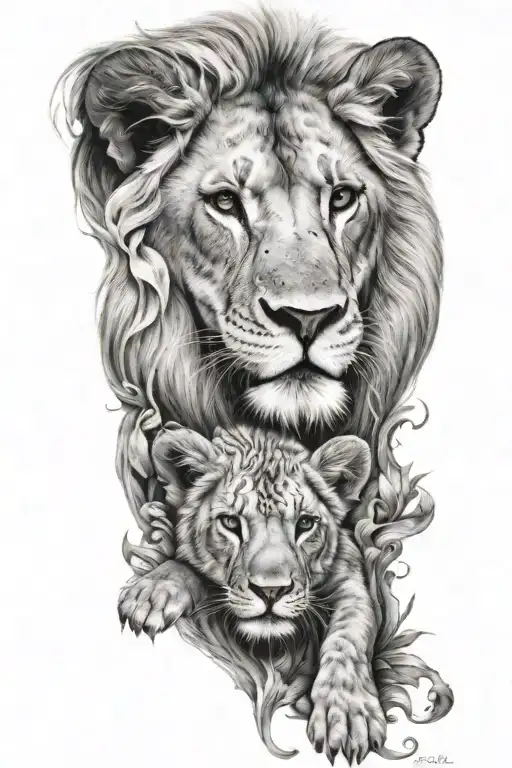Black and white tattoo lower sleeve. Realistic. Looking at the primary focus of the tattoo to be a lion with a baby lion tattoo design idea
