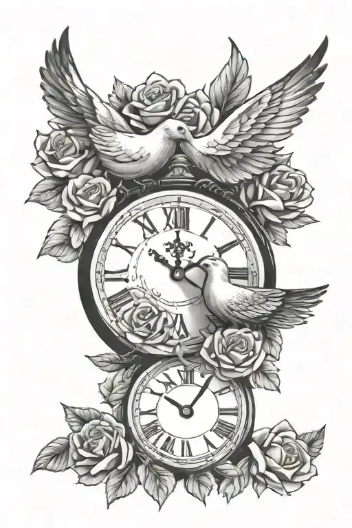 clock and rose dove tattoo design idea