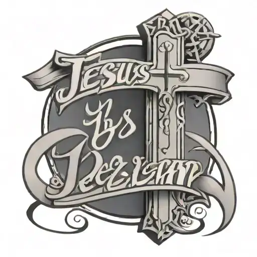 Jesus cross with name dezelan in cursive font  tattoo design idea