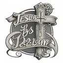 Jesus cross with name dezelan in cursive font  tattoo design idea