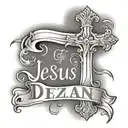 Jesus cross with name dezelan in cursive font  tattoo design idea