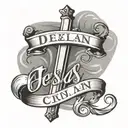 Jesus cross with name dezelan in cursive font  tattoo design idea