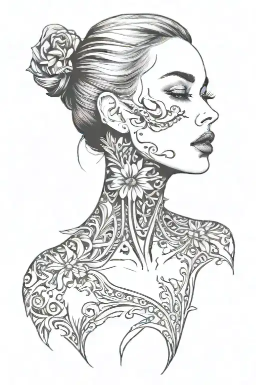 Neck tattoo, on the front of the neck under the jaw and between the ears. Tattoo with black and white features tattoo design idea