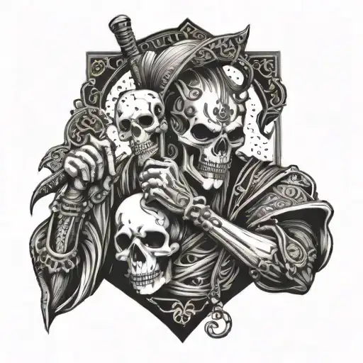 in the foreground there is a jester with a scythe in his hands and a skull instead of a face, in the background there is a samurai in a playing card tattoo design idea