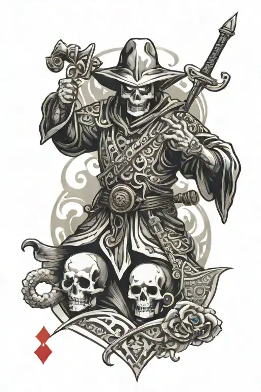 in the foreground there is a jester with a scythe in his hands and a skull instead of a face, in the background there is a samurai in a playing card tattoo design idea