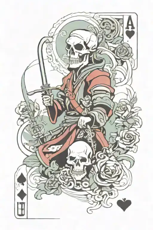 in the foreground there is a jester with a scythe in his hands and a skull instead of a face, in the background there is a samurai in a playing card tattoo design idea