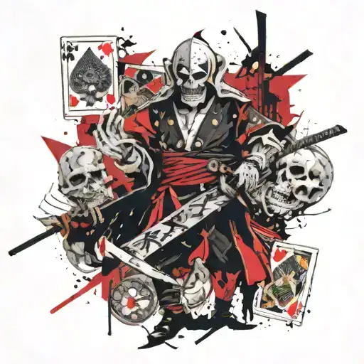 in the foreground there is a jester with a scythe in his hands and a skull instead of a face, in the background there is a samurai in a playing card tattoo design idea