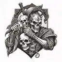 in the foreground there is a jester with a scythe in his hands and a skull instead of a face, in the background there is a samurai in a playing card tattoo design idea
