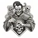 in the foreground there is a jester with a scythe in his hands and a skull instead of a face, in the background there is a samurai in a playing card tattoo design idea