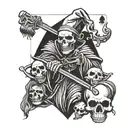 in the foreground there is a jester with a scythe in his hands and a skull instead of a face, in the background there is a playing card tattoo design idea