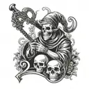 in the foreground there is a jester with a scythe in his hands and a skull instead of a face, in the background there is a playing card tattoo design idea