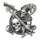 in the foreground there is a jester with a scythe in his hands and a skull instead of a face, in the background there is a playing card tattoo design idea