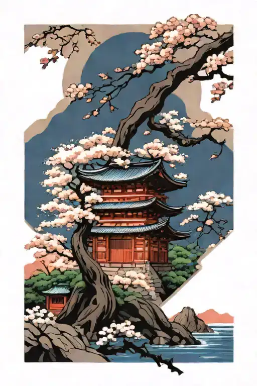 sakura tree in the foreground with a temple and scenery in the background  tattoo design idea