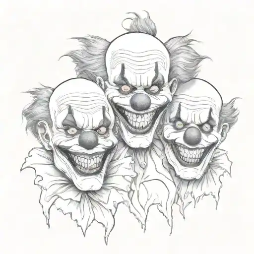 see no evil  hear no evil speak no evil killer 3 clowns grotesque ripped flesh stitched eyes and mouth black and white  tattoo design idea