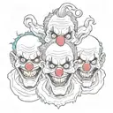 see no evil  hear no evil speak no evil killer 3 clowns grotesque ripped flesh stitched eyes and mouth black and white  tattoo design idea