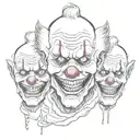 see no evil  hear no evil speak no evil killer 3 clowns grotesque ripped flesh stitched eyes and mouth black and white  tattoo design idea
