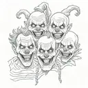 see no evil  hear no evil speak no evil killer 3 clowns grotesque ripped flesh stitched eyes and mouth black and white  tattoo design idea
