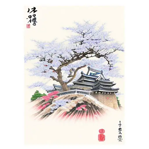 koreean castle and cherry tree tattoo design idea