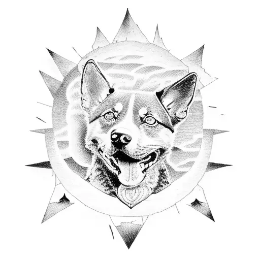 A majestic Blue Heeler standing in front of a breathtaking sunset tattoo design idea