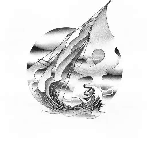 Dragon boat sailing through stormy seas with a mix of Norse and Japanese art elements tattoo design idea