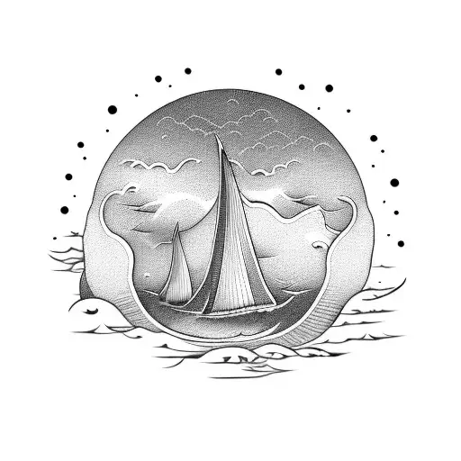 Dragon boat sailing through stormy seas with a mix of Norse and Japanese art elements tattoo design idea