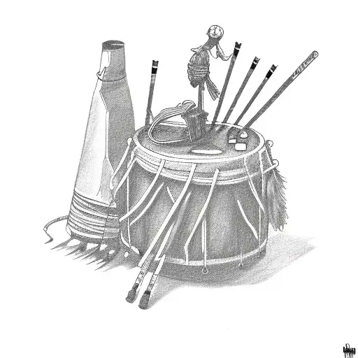 IT with a drum stick, camera, coffee cup, campfire, network cable, piercing, and voodoo doll tattoo design idea