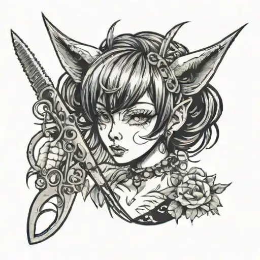 A neotraditional tattoo of a whimsical anime character with cat ears and tail, holding a pair of scissors like a hairdresser tattoo design idea