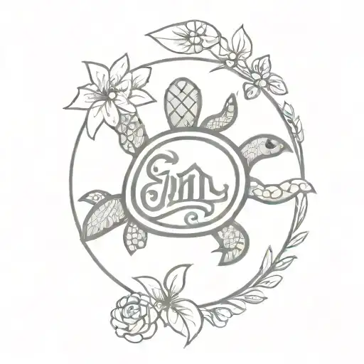 the word "family" with a small turtle with polynesian designs and flowers  tattoo design idea