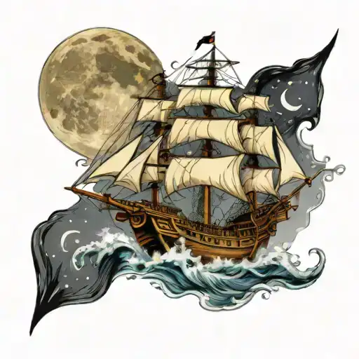 PIrate ship sailing with full moon  tattoo design idea