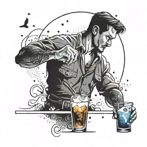 A tattoo of a bartender mixing drinks under the moonlight, with subtle martial arts motifs integrated into the design tattoo design idea