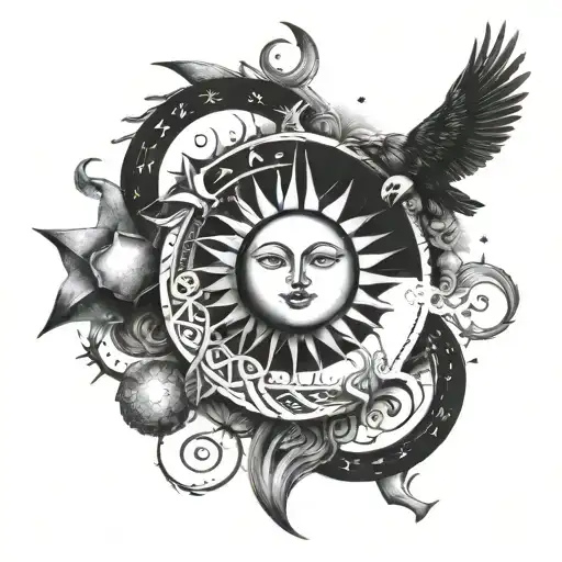 A celestial themed tattoo combining the sun and moon with witchcraft elements, incorporating protection symbols tattoo design idea