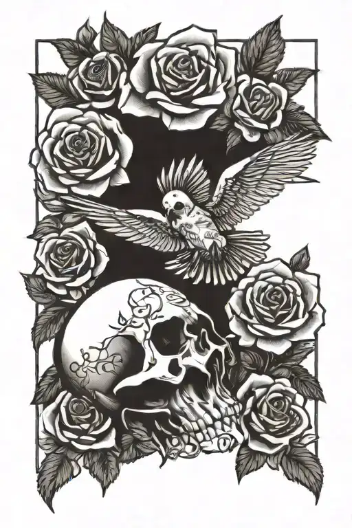 Skull , roses and one dove flying tattoo design idea