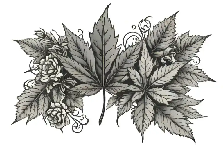 weed leaf, flowers old bricks tattoo design idea