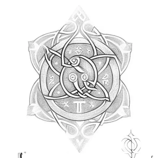 trinity symbol with chi rho in background. celtic knot with 5 birth stones built in. letter J in center tattoo design idea