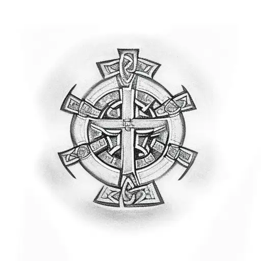 celtic cross with a trinity knot emblem in the center  and chi rho at the bottom tattoo design idea