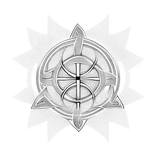 trinity symbol with chi rho in background. celtic knot with 5 birth stones built in. letter J in center tattoo design idea