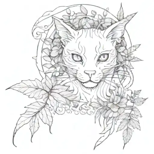 gothic cat and dragon with leafs and ferns tattoo design idea