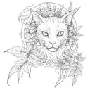 gothic cat and dragon with leafs and ferns tattoo design idea