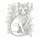 gothic cat and dragon with leafs and ferns tattoo design idea