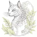 gothic cat and dragon with leafs and ferns tattoo design idea