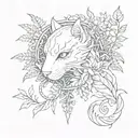 gothic cat and dragon with leafs and ferns tattoo design idea