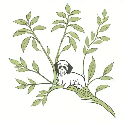 A minimalist tattoo of a sage plant intertwined with a shih tzu silhouette tattoo design idea