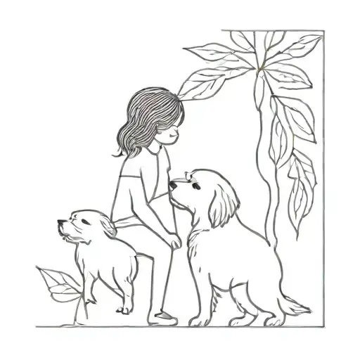 A minimalist tattoo of a mother holding hands with her daughter and shih tzu under a falling autumn leaf tattoo design idea