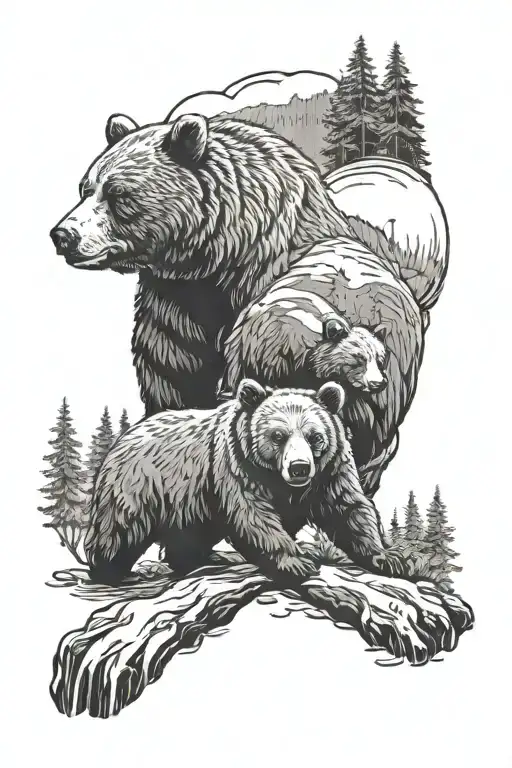 full-body mom bear with its cub next to a river with a fish in the mom's mouth with a forest surrounding the river tattoo design idea