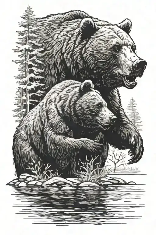 Mom bear and cub while holding pike in her mouth next to a lake and forest tattoo design idea