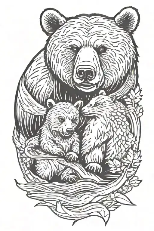 full-body mom bear with its cub next to a river with a pike fish in the mom's mouth with a forest surrounding the river tattoo design idea
