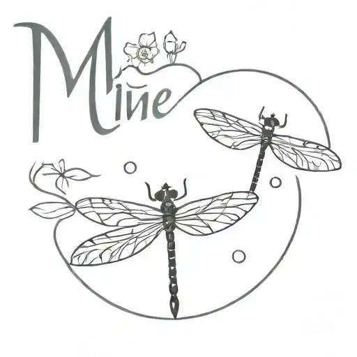 A minimalist tattoo of Maisie sophia eve's name with delicate dragonfly accents tattoo design idea