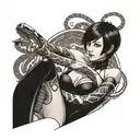 Ada Wong character with a mechanical snake intertwined around her tattoo design idea