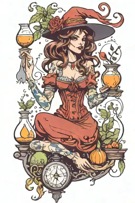 Beautiful witch, with alchemy, potions, herbs, with some colors as a full sleeve tattoo design idea